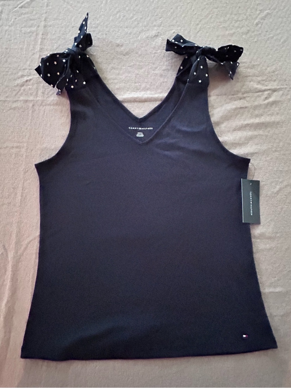 Tommy Hilfiger Tank Top w/ Shoulder White Star Bow V-Neck Navy Cotton Women’s M - Picture 3 of 14